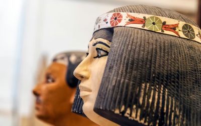 Ancient Egyptian coffins and funerary masks exhibited in the Egyptian Museum in Cairo