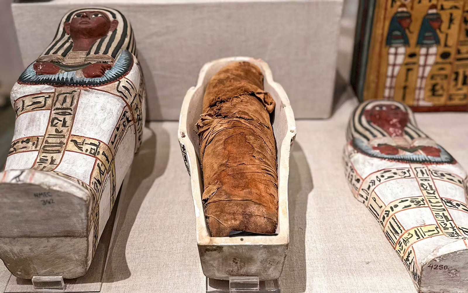Ancient Egyptian mummy displayed inside an open decorated sarcophagus at NMEC Cairo
